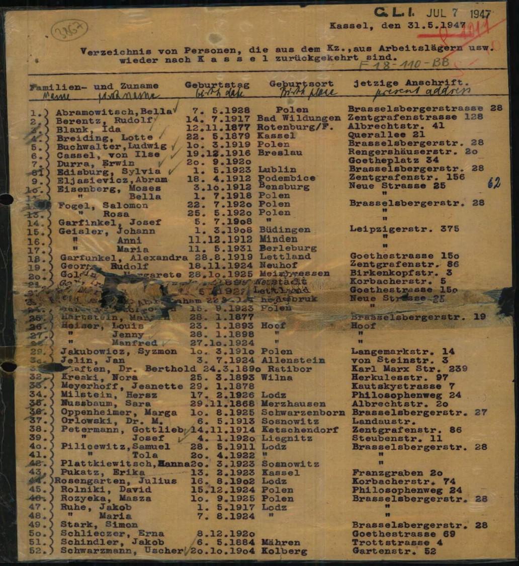 רשימה של ניצולי שואה שחזרו לקאסל ממחנות ריכוז ועבודה, 31 במאי 1947. ארכיון ארולסון הדיגיטלי, ספריית וינר, לונדון 